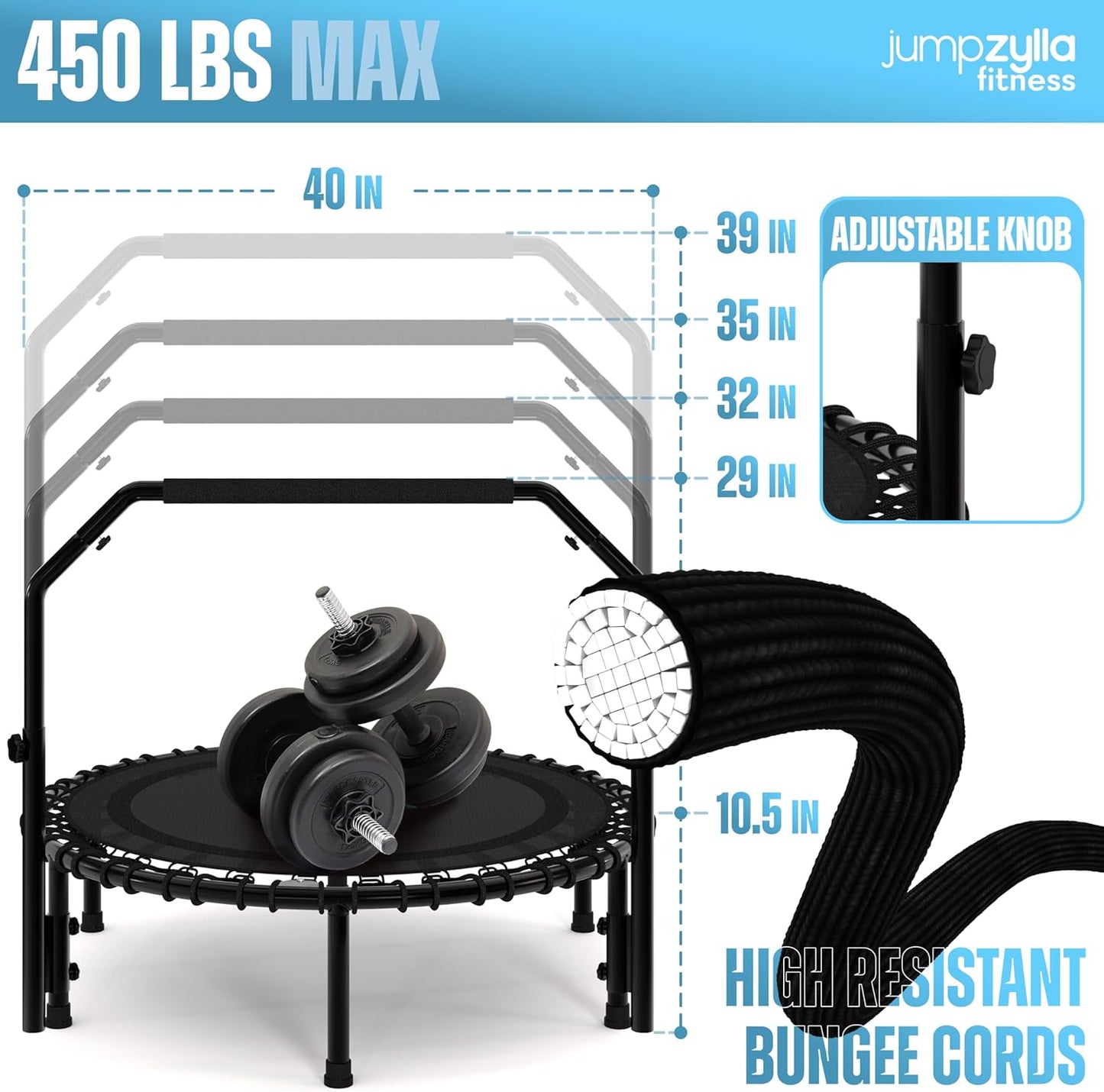 Jumpzylla Rebounder Fitness Trampoline 40" or 48" | Foldable Mini Rebounder for Adults  (450 or 550 LBS Capacity)