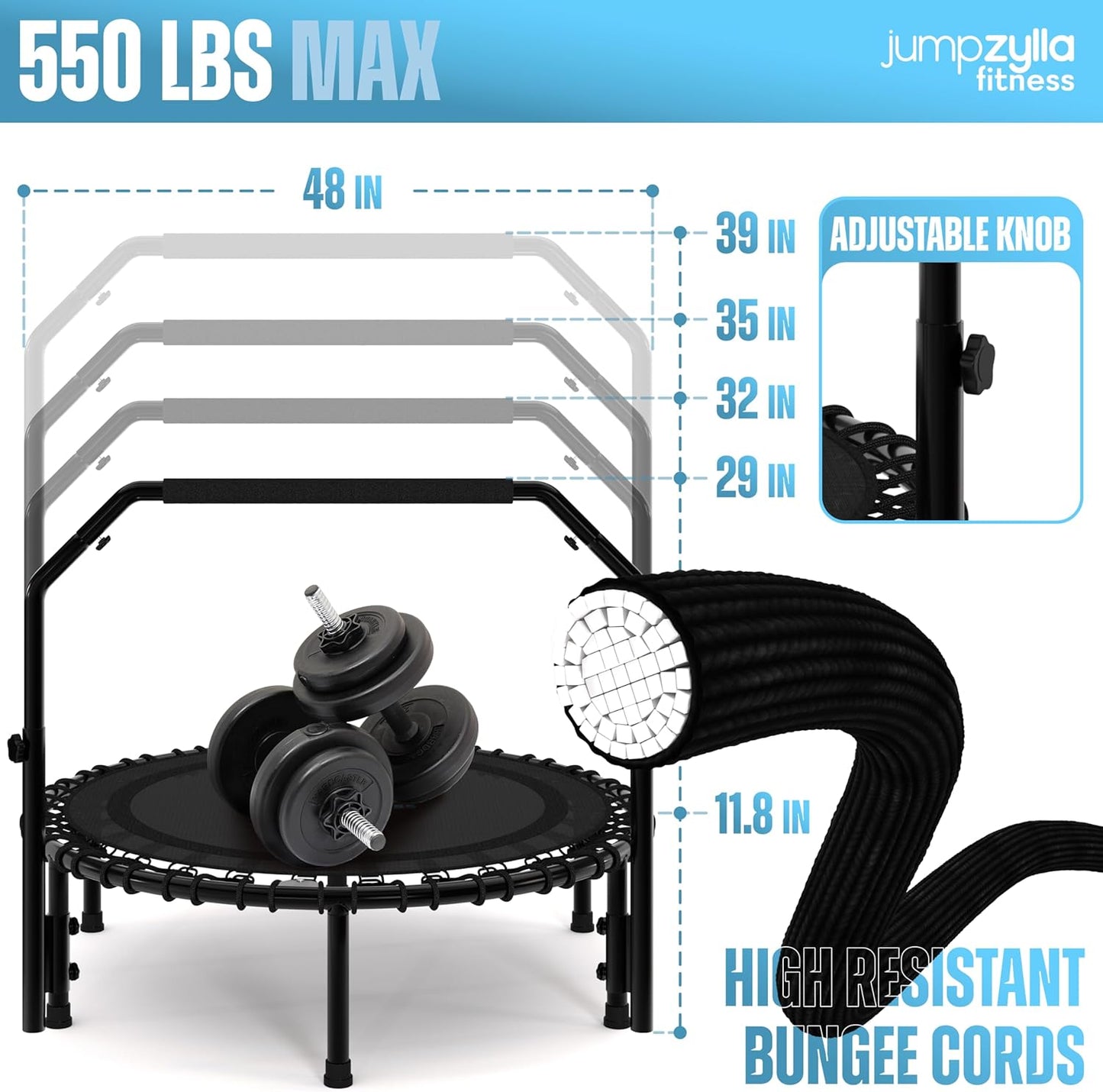Jumpzylla Rebounder Fitness Trampoline 40" or 48" | Foldable Mini Rebounder for Adults  (450 or 550 LBS Capacity)